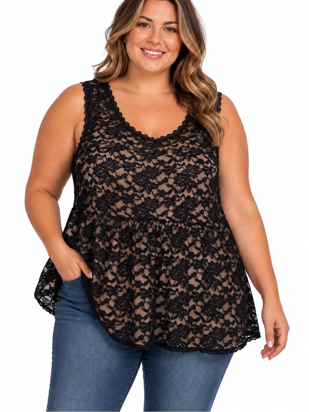 Torrid Black Lace Peplum Tank Top with Nude Underlayer size 4X